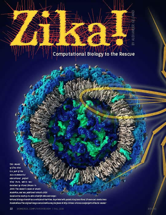 Cover image for fall 2016 issue of Biomedical Computation Review, which discusses computational ZIka research, including OpenZika