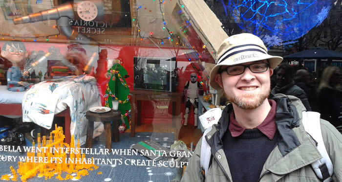 Alex by the Macy's display for Alex, with a Storm Trooper in the background.  Dec. 22, 2014