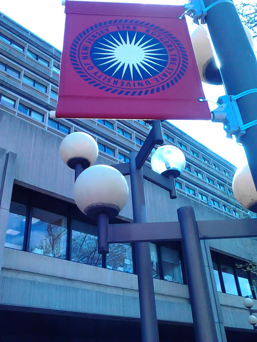 The Rutgers banner, flying proudly outside the Medical Science Building