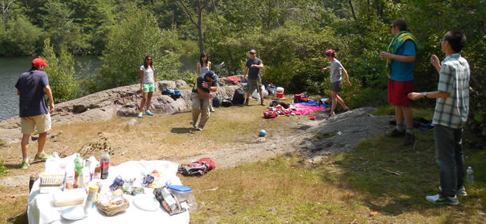 It's a tough group. Steve shields himself from a wayward frisbee.  Group hike & picnic at Terrace Pond, July 31, 2014