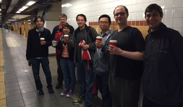 The caffeine crew (enjoying our coffee and tea while waiting for the subway); Dec. 22, 2015