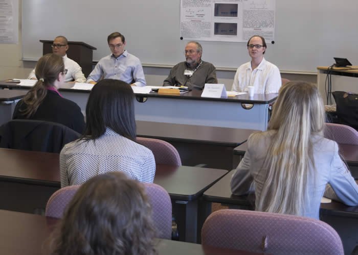 Dr. Alex Perryman serving on a panel discussion about research careers and science education, as part of an Advisory Board at Montclair State University