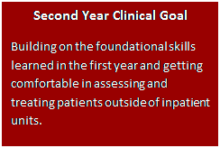 Text Box: Second Year Clinical Goal  Building on the foundational skills learned in the first year and getting comfortable in assessing and treating patients outside of inpatient units.  